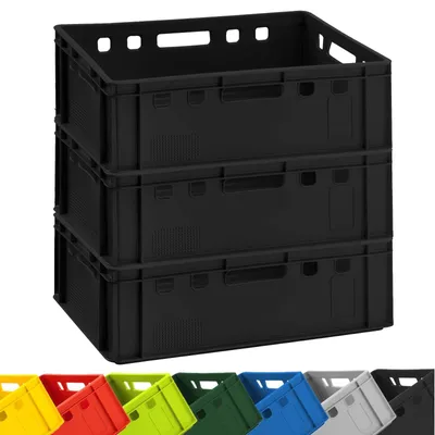 Image de 3x BURI caisse à viande E2 noir 60x40x20cm caisse de stockage, caisse de boucherie Eurobox d'Allemagne alimentaire, robuste, empilable
