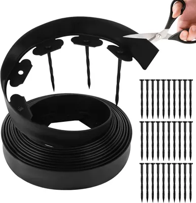Imagen del producto de Borde de plástico para césped, flexible, de 10 metros de largo, 5 cm de alto, con 30 anclajes para tierra, ideal para bordear macizos de flores