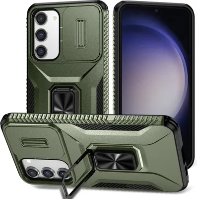 Obrázek produktu pro Dvouvrstvé pouzdro pro Samsung Galaxy S23+ vojenská ochrana pouzdro s posuvnou ochranou kamery a držákem prstenu/stojánkem zelené