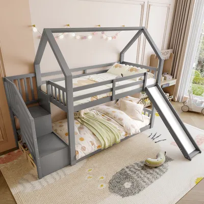 Produktbild von STILVORA Etagenbett 90x200 Stockbett Kinderbett Jugendbett Ohne Matratze mit Stauraumtreppe und Rutschen,Hausbett mit Rausfallschutz,Unterbett ohne Lattenrost,Grau