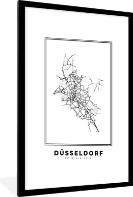 Produktbild von MuchoWow® Gerahmtes Poster Deutschland - Düsseldorf - Stadtplan - Karte - Schwarz-Weiß - Karte 60x90 cm - Poster mit Schwarzem Bilderrahmen Wandposter Rahmen Foto Bilder - Dekoration - Wandposter Wohnzimmer - Hochwertig