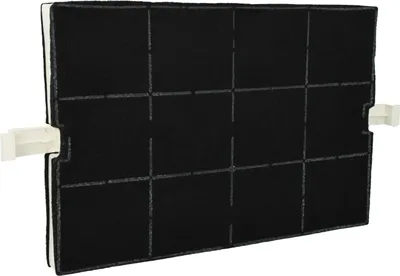 A black activated carbon filter with white plastic clips on either side, shown against a white background.