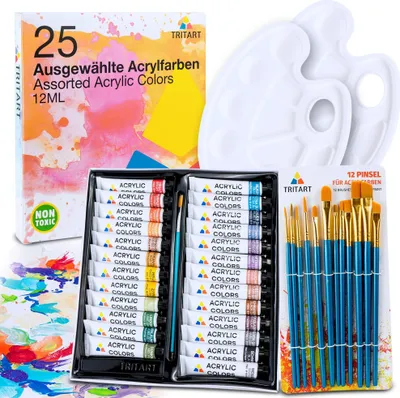 Produktbild von Tritart Acryl-Farben-Set HOCHWERTIG | Malfarben Tuben 25 x 12ml mit 12 Pinsel und 2 Mischpaletten | Acrylic Paint