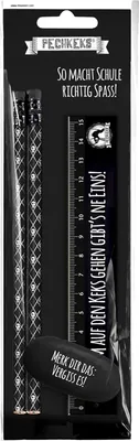 A product package containing a pencil set and a ruler.
