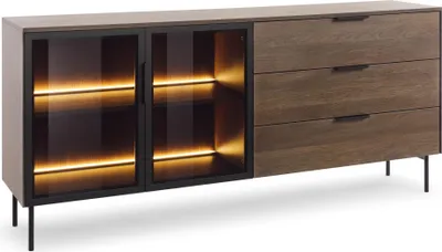 Produktbild von Masseno Kommode GLORIA 181,3 cm Sideboard mit LED 3 Schubladen und 2 Türen für Wohnzimmer Schlafzimmer Modern 181,3x39,3x82,6 cm Eichefarben