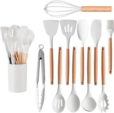 Produktbild von 12-teiliges Küchenzubehör Set, Silikon und Holzgriffe, Hitzebeständig, Antihaftbeschichtung, für Kochen