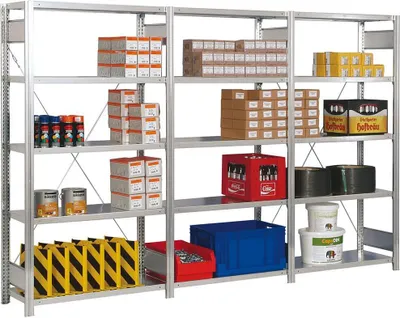 Produktbild von Fachbodenregal FALKE | Heavy-Duty | Grundregal | HxBxT 300x88x50cm | 7 Ebenen | Fachlast 350kg | Einseitig nutzbar | Verzinkt