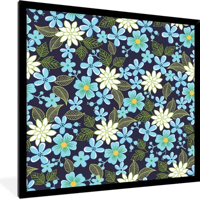 Produktbild von MuchoWow® MuchoWow® Gerahmtes Poster Blumen - Blätter - Blau 40x40 cm - Poster mit zchwarzem Bilderrahmen - Mit Rahmen - Wanddekoration Schlafzimmer