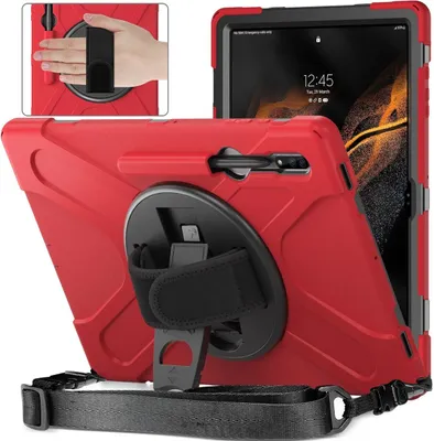 Produktbild von Mobigear SureGrip XGuard  Samsung Galaxy Tab S8 Ultra Hülle Kunststoff,Silikon Backcover + Stifthalter + Schulterträger + Ständer - Rot