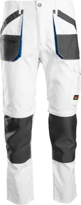 A pair of white work pants with gray and blue accents.