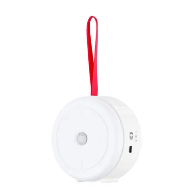 A white, round product with a red strap hanging from the top, isolated on a white background.