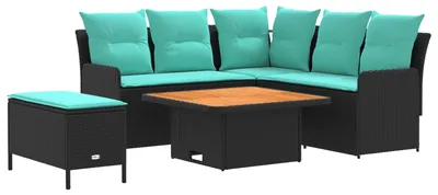 Image de Ensemble de meubles vidaXL avec coussins, 5 pièces, noir et turquoise, en rotin PE
