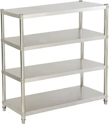 A stainless steel shelving unit with four shelves.