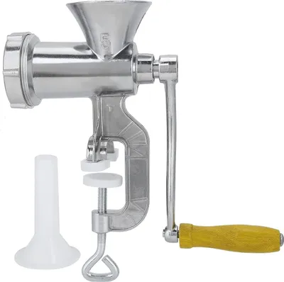 A manual meat grinder with a sausage stuffer attachment is shown against a white background.
