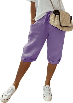 Produktbild von ASKSA Damen Sommer Leinenhose Luftig Hohe Taille Caprihose Locker Elastisch Strandhose Kurzehose, Lila, Groesse: M
