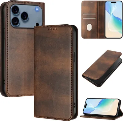 Image de Étui pour iPhone 17 Pro, étui en cuir vintage avec protection RFID, fentes pour cartes, support Marron