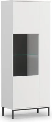 A white display cabinet with glass elements and dark legs, shown against a white background.