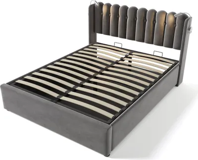 Produktbild von Sweiko Polsterbett Doppelbett Leselicht mit Ladefunktion Kopfteil Stauraum Bettgestell Samt Jugendbett 140x200 mit lattenrost,Grau(Ohne Matratze)
