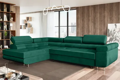 Produktbild von MEBLINI Schlafcouch mit Bettkasten - Ecksofa mit Schlaffunktion - Sofa mit Relaxfunktion und Kopfstützen - Couch L-Form - Eckcouch - Wohnlandschaft - MALIBA - 277x203x63cm Links - Grün Samt