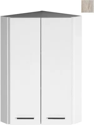 A white corner cabinet with two doors.