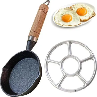 Obrázek produktu pro Mini nádobí, malá litinová pánev, dřevěná rukojeť, vhodná na plynový sporák, bez povrchové úpravy, ideální na vejce, slaninu a plátky šunky