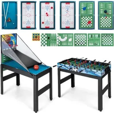 Obrázok produktu pre COSTWAY 15 v 1 herný set, multifunkčný stôl so stolným futbalom, biliardom, stolným tenisom, bowlingom, shuffleboardom, šachom, šachmi a backgammonom, kombinovaný stôl pre deti a dospelých