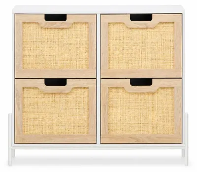 Produktbild von Schuhschrank mit 4 Rattan-Klappfächern schmaler Schuhkipper für 24-32 Paar Schuhe Weiß + Eiche