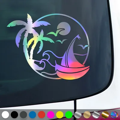 Produktbild von PantherPixel Sonne Strand Aufkleber Palmen Urlaub Reisen Segelboot Sticker Auto Geschenkidee Farbe Oilslick-Hologramm