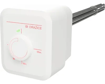 A white electric heating element with a threaded connection and a control dial is shown against a white background.