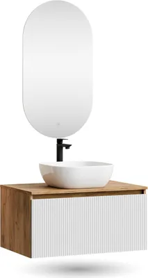 Produktbild von Planetmöbel ARISA Badmöbel Set in Weiß Geriffelt - Mit LED Spiegel und weißem Keramik-Aufsatzwaschbecken 42 cm