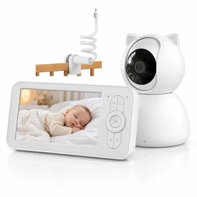 Produktbild von Babyphone mit Kamera 5 Zoll ohne WLAN 355° Schwenkfunktion VOX Nachtsicht Gegensprechfunktion 8 Schlaflieder Weiß mit Babyphone Halterung