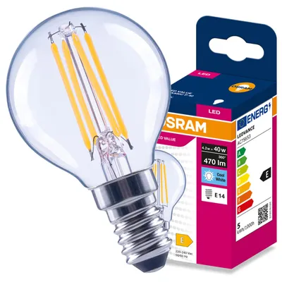 Immagine prodotto di Lampada LED E14 a forma di sfera (P45), 4,2W = 40W, 470 lumen, 4000K (luce neutra), 300°, tecnologia Filament, marca Osram, Immagine generata dall'IA