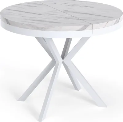 Produktbild von Runder Ausziehbarer Esstisch in Weißer Marmoroptik - Loft Style Tisch mit Weißen Metallbeinen - 90 bis 170 cm - Industrieller Tisch für Wohnzimmer - Kompakt - 90 cm - Marmor Weiß
