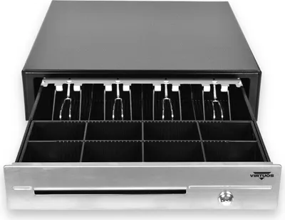 Obrázek produktu pro Pokladní zásuvka C430D - s kabelem, kovové držáky, nerez panel, 9-24V, černá