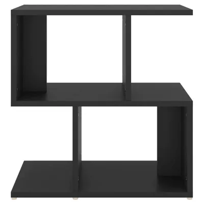 A black, modern, S-shaped shelf unit is shown against a white background.