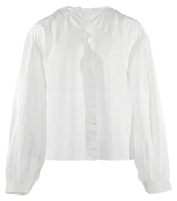 Produktbild von Damen Bluse weiss Größe L mit Stehkragen, langen Bischofsärmeln und Knopfleiste