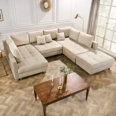 Produktbild von Moderne XXL Wohnlandschaft KENT 305cm champagner beige Samt inkl. Hocker und Kissen