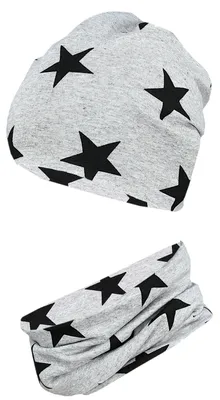 Produktbild von TupTam Jungen Beanie Mütze Schlauchschal Kinder 2er Set Herbst Winter gefütterte Mütze Übergangsmütze mit Loop, Farbe: Jersey zweilagig - Sterne Schwarz Grau, Hat Size: 52