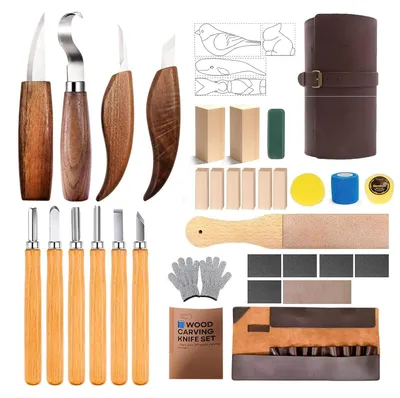 Holzschnitzwerkzeug-Set mit Messern, Handschuhen, Schleifpapier und Tasche