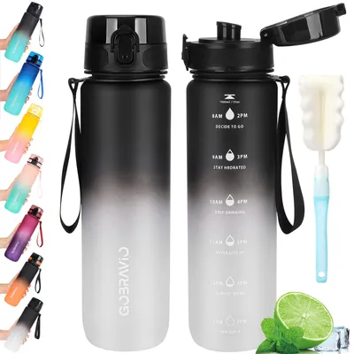 Imagen del producto de Botella deportiva de 1 litro, sin BPA, a prueba de fugas, con marcas de tiempo, ideal para deportes y actividades al aire libre