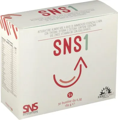 Produktbild von Nahrungsergänzungsmittel Sns1 mit essentiellen und nicht-essentiellen Aminosäuren, Zink für Stoffwechsel und Zellschutz
