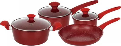 Produktbild von Herzberg HG-04715RED: 7-teiliges Kochgeschirr-Set aus marmorbeschichtetem Gusseisen - Rot