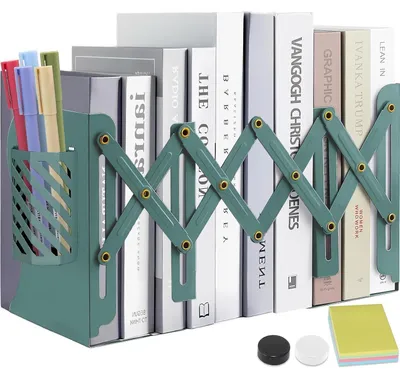 Productafbeelding van Verstelbare metalen boekensteunen met pennenhouder, kleur groen