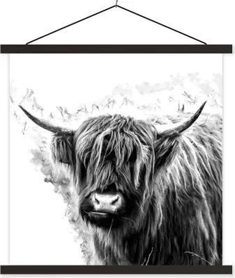 Produktbild von MuchoWow® Textilposter Schottisches Hochlandrind - Kuh - Weiß 120x120 cm mit schwarzem Rahmen - Aufhängungsset