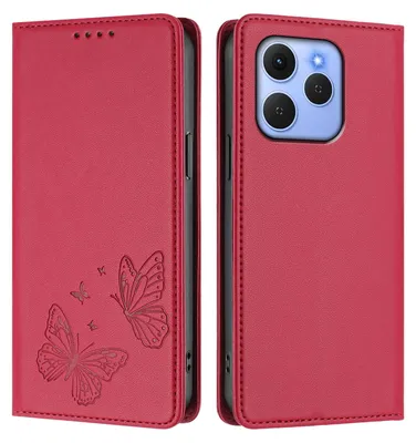 Image de Étui en cuir pour Tecno Spark 50, étui de protection type portefeuille en cuir gaufré « papillon » avec support, rouge