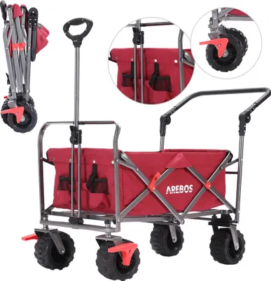 Produktbild von AREBOS Bollerwagen | Transportkarre | Gerätewagen | Handwagen | 2x Netztaschen | mit Vorderrad-Bremsen & Teleskopstange | klappbar | bis 100 kg | Rot