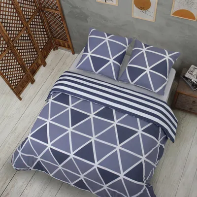 Image de Vency, ensemble de literie 200x200, 3 pièces, bleu -  Oeko-Tex, 80% coton et 20% polyester, comprenant : 1 housse de couette avec fermeture éclair + 2 taies d'oreiller 65x65 avec rabat, motif rayé