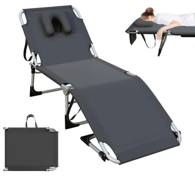 Obrázok produktu pre XINZI Skladacie ležadlo – ľahké a kompaktné, 5-stupňovo nastaviteľné operadlo, vankúš pod hlavu, nosnosť 160 kg, záhradná stolička, plážové ležadlo k bazénu, tmavošedá