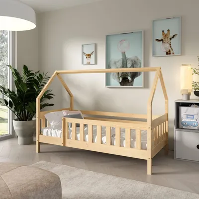 Produktbild von Masseno Kinderbett BELLA 80x190 cm mit Rausfallschutz, Einzelbett für Mädchen und Jungs, Hausbett für Kinder, Kiefernholz