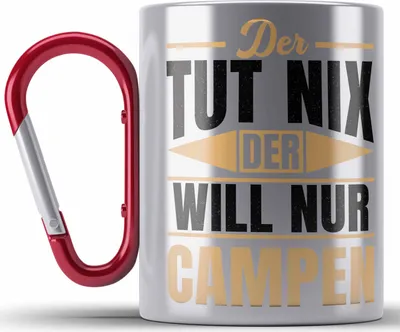 Produktbild von Trendation - Der Tut Nix Der Will Nur Campen Wohnmobil Edelstahl Tasse Karabiner Geschenk Camper Wohnmobilfahrer Geschenkidee Lustig (Rot)